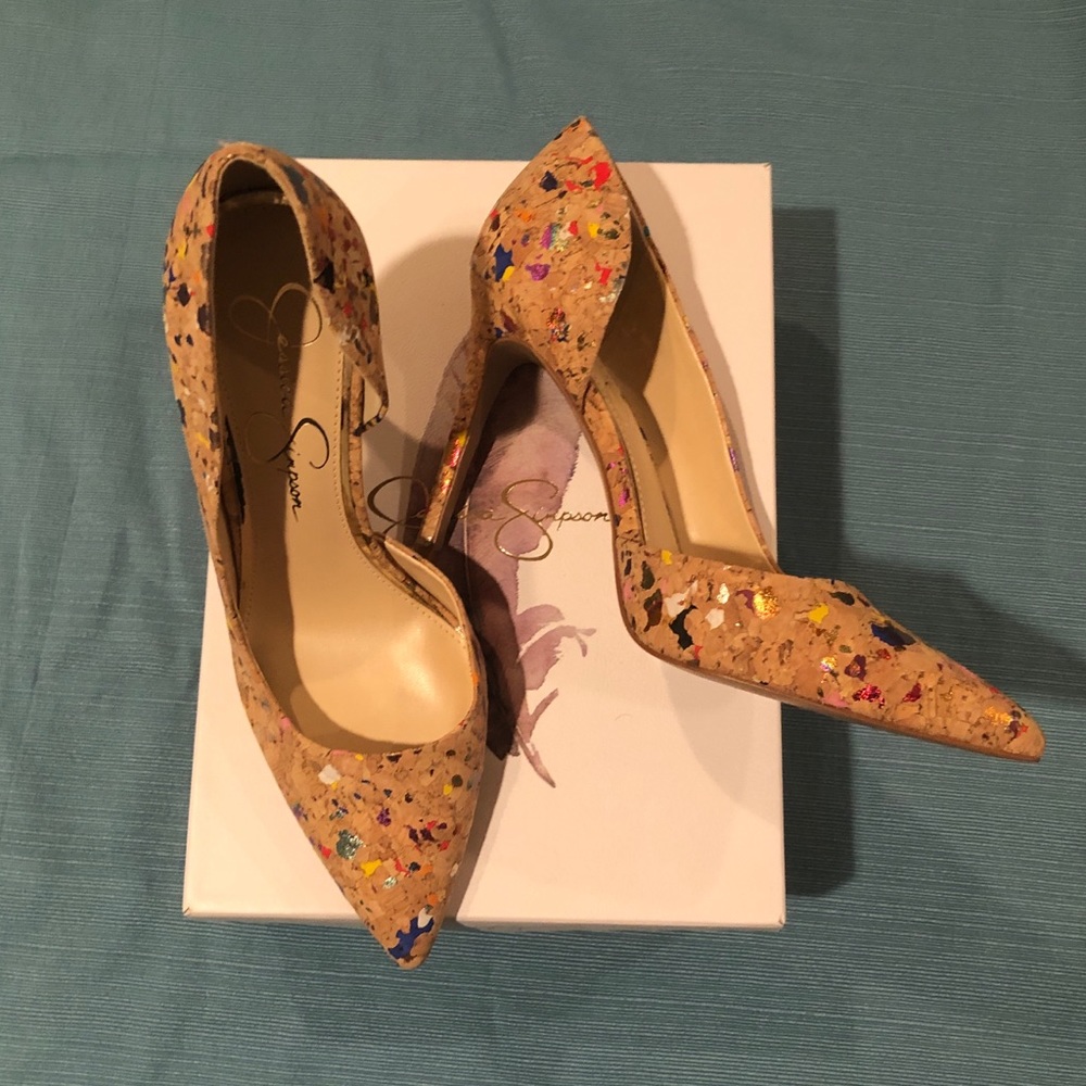 Jessica Simpson pink splatter cork heels size 8